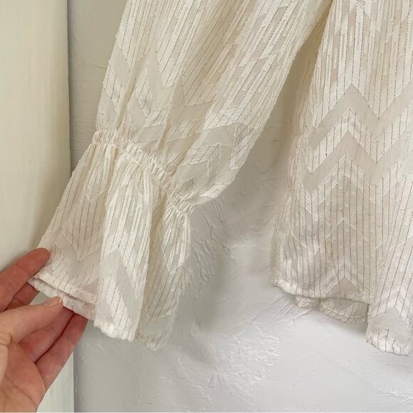 Maette Cream & Gold Striped Metallic Long Sleeve Blouse Womens 2X Boho Shirt Top - Picture 2 of 7